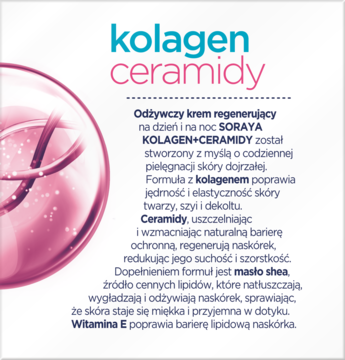 Soraya Kolagen Ceramidy, odżywczy krem regenerujący na dzień i noc dla skóry dojrzałej, fragment etykiety produktu.