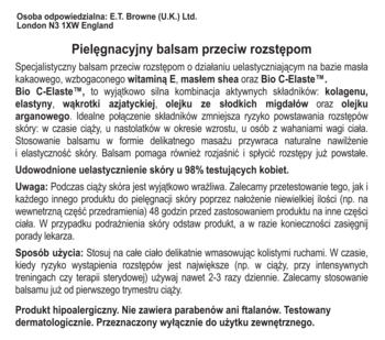 Dokument: opis pielęgnacyjnego balsamu przeciw rozstępom z Bio C-Elaste, masłem kakaowym, witaminą E.