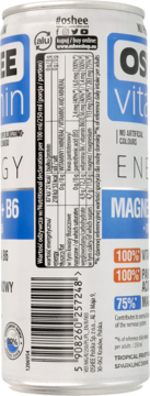 Tył białej puszki Oshee Vitamin Energy z niebieskimi akcentami, widoczna tabela odżywcza, kod kreskowy i napis „MAGNESIUM”.