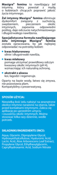 Maxigra femina nawilżający żel intymny, szczegółowy tekst z opakowania na białym i niebieskim tle.