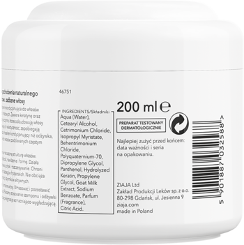 Tył białego słoika Ziaja Kozie Mleko Maska do włosów, widoczna etykieta ze składnikami i objętością 200 ml.