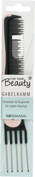 Czarne grzebienie For Your Beauty Rossmann: gęsty i widelcowy, na biało-różowo-niebieskim opakowaniu, widok z przodu.