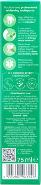 Tył zielonego opakowania pasty wybielającej bez fluoru 75ml z technologią 3x Cooling Effect.