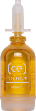 Amber face serum (ce) bottle with a dropper, front view. White label reads 'face serum vitamin C'.