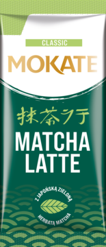 MOKATE Matcha Latte Classic w zielonym opakowaniu z japońską zieloną herbatą, widok z przodu.
