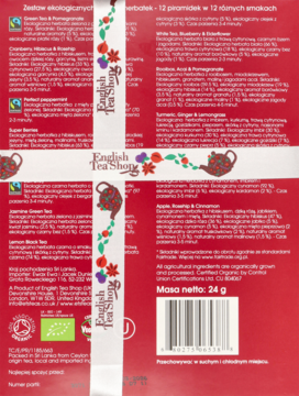 Tył czerwonego opakowania zestawu organicznych herbat English Tea Shop. Opis 12 smaków, skład, barcode.