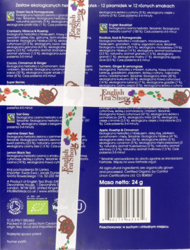 Tył niebieskiego pudełka herbat English Tea Shop z białą ozdobną wstęgą. Zestaw 12 organicznych herbat piramidek w 12 smakach.
