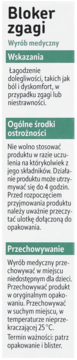 Etykieta Bloker zgagi z polskim tekstem o wskazaniach, środkach ostrożności i przechowywaniu, widok z przodu.