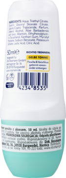 ISANA dezodorant sensitiv z aloesem 50 ml, tył białej butelki roll-onu z turkusowym dołem i etykietą składników.