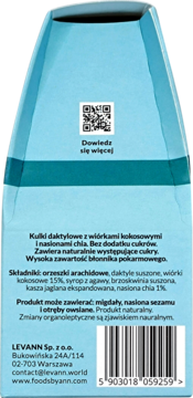 Boczny panel jasnoniebieskiego opakowania kulek daktylowych z kokosem i chia, ze składem i kodem kreskowym.