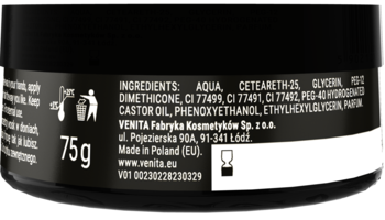 Czarne opakowanie wosku Venita Men 75g, tył z etykietą: lista składników, masa, dane producenta i Made in Poland.