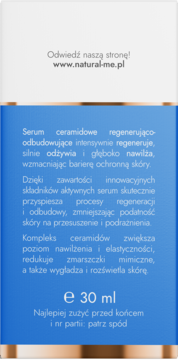Tył niebieskiej butelki serum ceramidowego 30ml Natural-Me, ze złotymi akcentami i białym opisem.