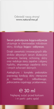 Tył butelki natural-me.pl: Prebiotyczne serum 30 ml, różowa etykieta z białym opisem właściwości.