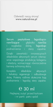 Tył zielonego opakowania łagodząco-nawilżającego serum peptydowego 30ml, z opisem po polsku.