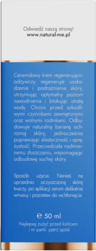 Tył niebieskiego opakowania kremu do twarzy z ceramidami. Widoczny opis, sposób użycia i pojemność 50 ml.