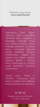 Tył różowego opakowania prebiotycznego kremu Natural-Me 50 ml z opisem właściwości i sposobu użycia.