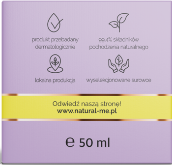 Tył fioletowego opakowania rozświetlającego kremu do twarzy 50 ml z witaminą C. Widoczny opis i składniki naturalne.