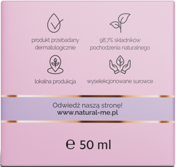 Tył różowego opakowania kremu do twarzy 50ml z ikonami; 98.7% składników naturalnych, testowany dermatologicznie.