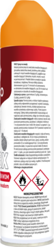 Tył opakowania sprayu owadobójczego Vaco Max na pluskwy, z instrukcją i dwoma piktogramami zagrożeń.