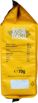 Żółta torebka Real meal z daniem wegetariańskim, tył z tabelą wartości odżywczych i wagą 70g.