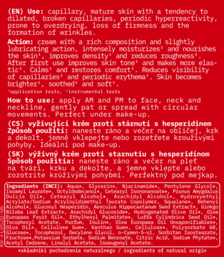 Tył czerwonego opakowania kremu przeciwstarzeniowego z hesperydyną na naczynka i zaczerwienienia.