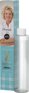 Wkład uzupełniający Dorota Szelągowska & Aroma Home Świeże Pranie. Niebieskie pudełko w kratę ze zdjęciem kobiety i butelka 100ml.
