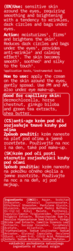 Czerwona etykieta kremu pod oczy z białym tekstem, z opisem działania przeciwzmarszczkowego i na cienie.