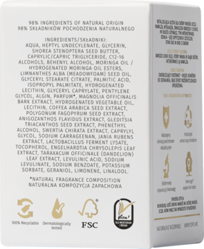 Tylna strona białego pudełka kremu pod oczy Vitality Focus, z listą naturalnych składników i ikonami.