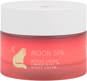 Moon Spa Night Cream, różowy słoik z białą nakrętką, wizerunkiem kota i księżyca. Widok z przodu.