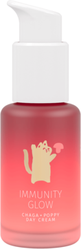 Krem na dzień Immunity Glow Chaga + Poppy w różowej butelce z kotem i grzybem, widok z przodu.