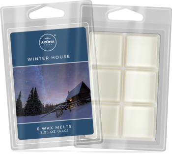 Dwa opakowania wosku zapachowego Aroma Home Winter House; jedno z etykietą ze śnieżną chatką, drugie z sześcioma woskami.