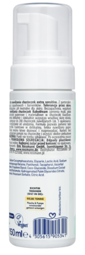 Babydream pianka extra sensitive 150ml, tył białej butelki z polskim opisem składu i logo Vegan.