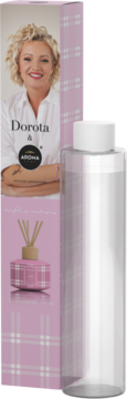 Owocowy dyfuzor zapachowy Dorota & Aroma Home 100ml, różowe pudełko w kratę z wizerunkiem Doroty Szelągowskiej i butelka.