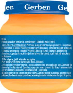 Tył słoiczka Gerber z jednoskładnikowym przecierem dyniowym dla niemowląt. Widoczna etykieta z polskimi instrukcjami.