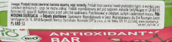 Tył opakowania batona ANTIOXIDANT+ z białą etykietą i polskim opisem korzyści miedzi i manganu.
