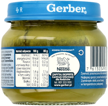 Słoik Gerber z zielonym przecierem warzywnym dla niemowląt 4m+, widok z tyłu, etykieta z Nestlé.