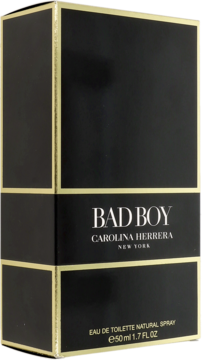 Bad Boy Carolina Herrera, czarne pudełko perfum z złotymi detalami, widok pod kątem, napis EAU DE TOILETTE.