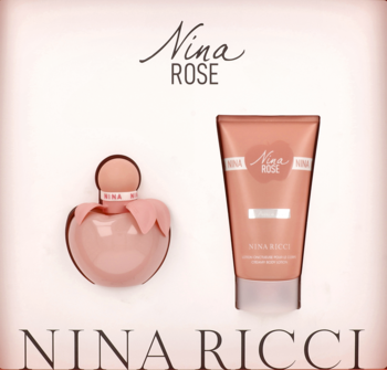 Zestaw Nina Ricci Nina Rose: różowa woda toaletowa 50ml w kształcie jabłka i balsam do ciała 75ml, na jasnym tle.