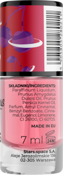 Tył różowego olejku do skórek Jupiter Cherry 7 ml. Czerwona nakrętka z wiśniami, widoczny skład i adres.
