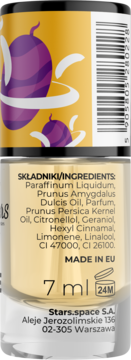 Tył butelki olejku do skórek Pluto Mango 7ml, z żółtą nakrętką i fioletowymi mango, widoczny skład.
