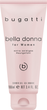 Różowy żel pod prysznic Bugatti Bella Donna 100ml, dla jedwabistej skóry, widok z przodu tubki.