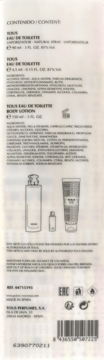 Tył pudełka zestawu Tous z listą składników wody toaletowej 90ml i 4.5ml, balsamu 150ml, kodem kreskowym.