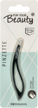 Czarne pęsety For Your Beauty Rossmann w przezroczystym blistrze, opakowanie z napisem Pinzette, widok z przodu.