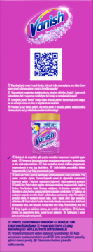 Vanish Oxi Action: różowy proszek do usuwania plam w tubie, logo, kod QR, tło magenta.