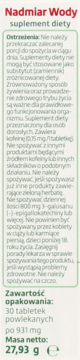 Etykieta suplementu Nadmiar Wody, szczegółowe ostrzeżenia i zawartość opakowania. Białe tło, zielony tekst.