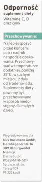 Biała etykieta suplementu Odporność z witaminami C, D i cynkiem. Widoczne warunki przechowywania i dane dystrybutora.