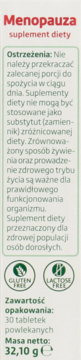 Tył opakowania suplementu Menopauza z ostrzeżeniami, informacją o zawartości i masie netto, oraz ikonami.