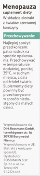 Tył opakowania suplementu diety Menopauza z ekstraktem koniczyny. Widoczne szczegółowe instrukcje przechowywania i dane producenta.