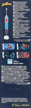 Elektryczna szczoteczka Oral-B Pro Kids Spider-Man, niebiesko-czerwona, z ładowarką i czterema naklejkami, widok z przodu.