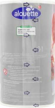 Boczny widok opakowania papieru toaletowego Alouette, przezroczysta folia z logo i info o 30% recyklingu.